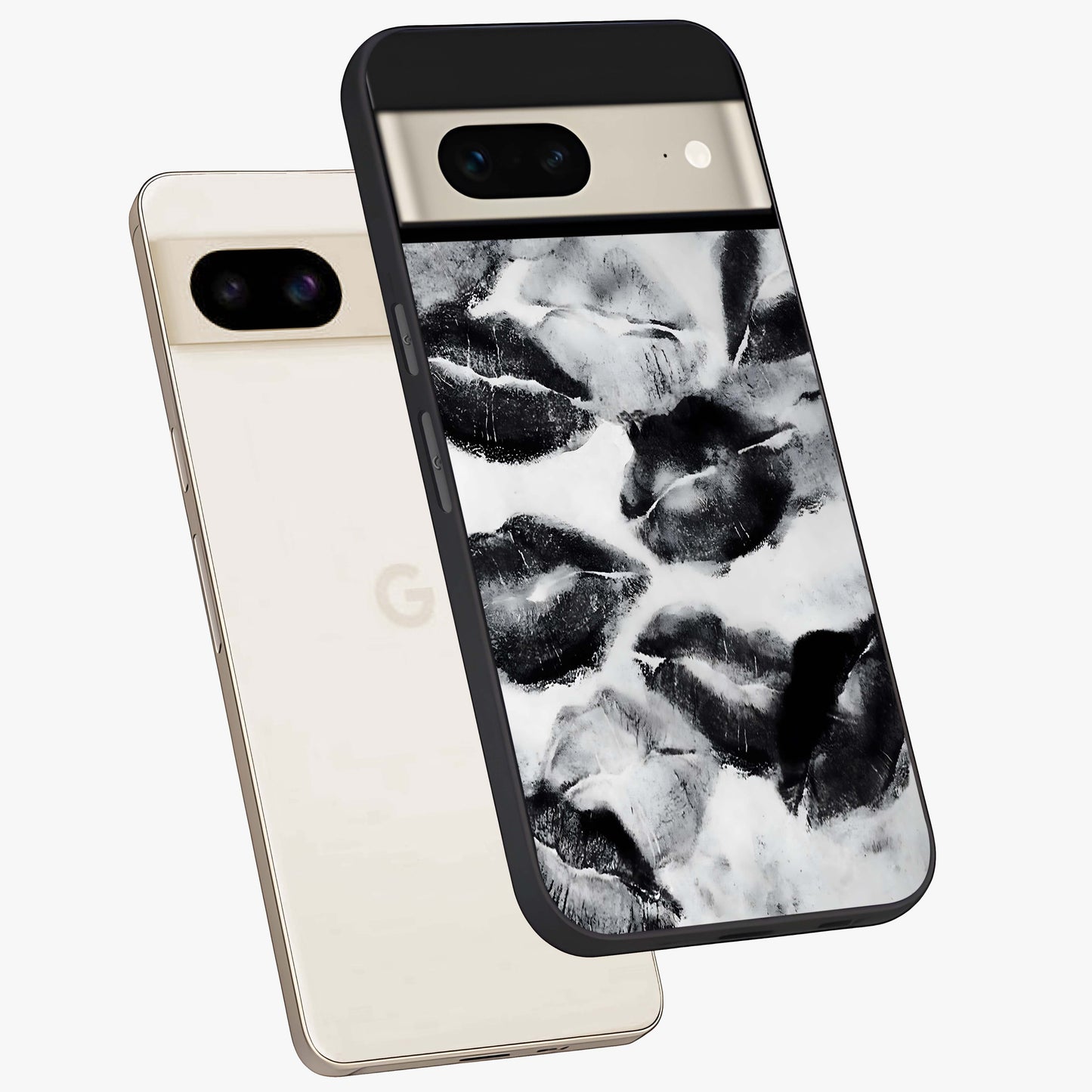 Midnight Kiss Marks Glass Case displayed in angled mockup highlighting playful romantic design with bold midnight aesthetic.