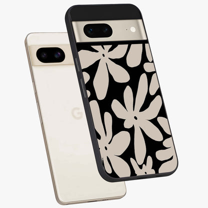 Monochrome Petal Dance Glass Case displayed in angled mockup highlighting elegant petal design with black and white aesthetic.