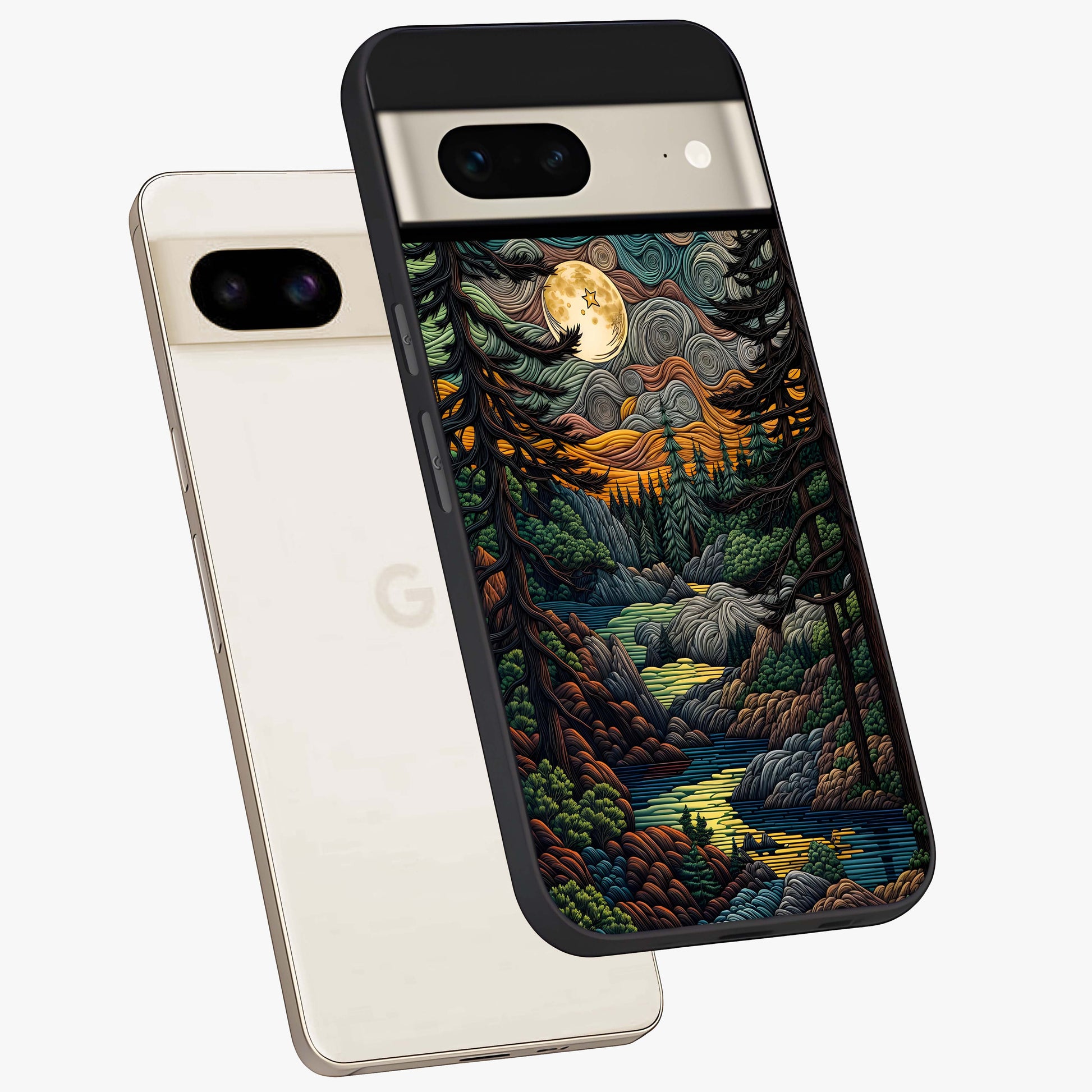 Moonlight Forest Dream Glass Case displayed in angled mockup highlighting dreamy forest design with glowing moon aesthetic.