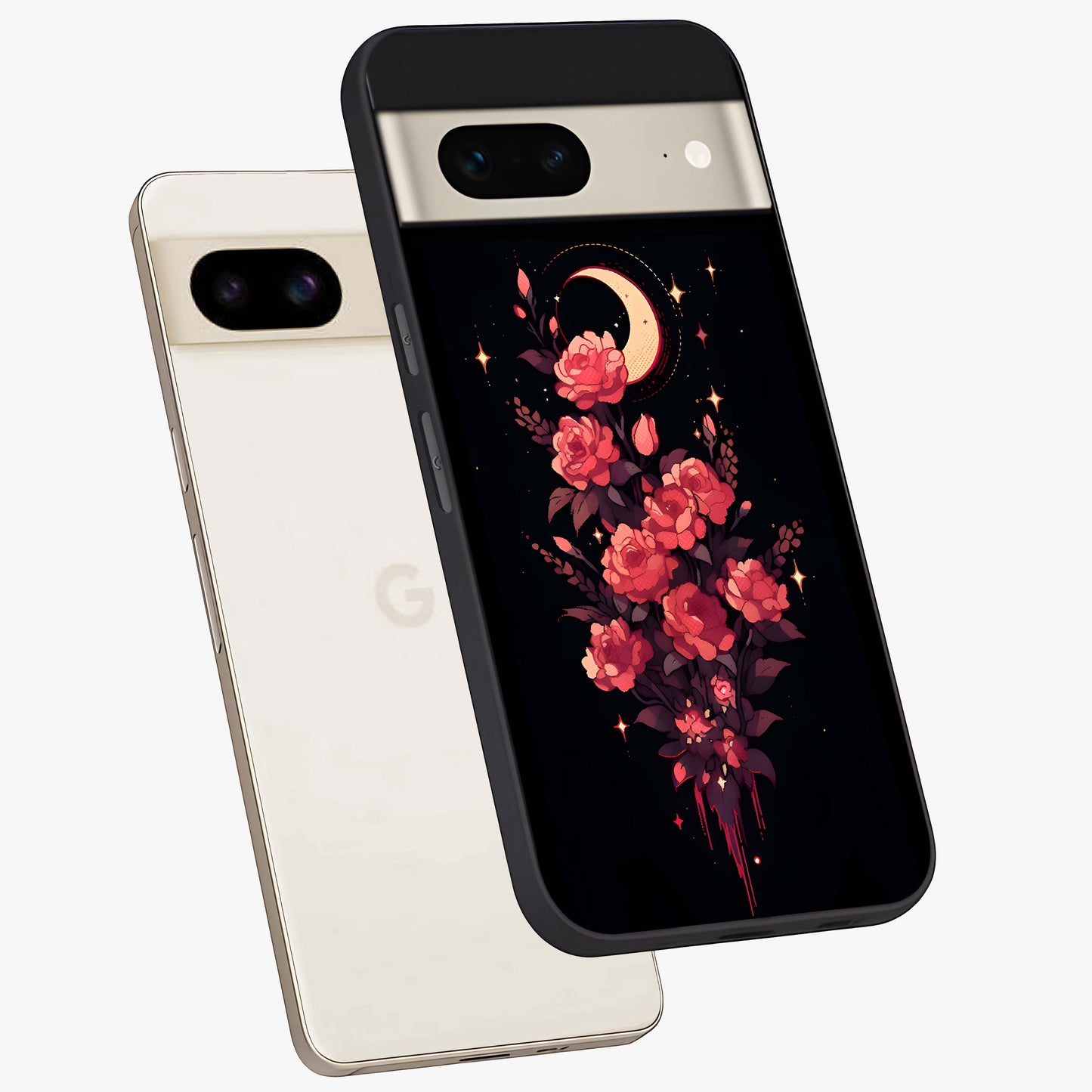Moonlit Floral Elegance Glass Case displayed in angled mockup highlighting graceful flower design with soft moonlight aesthetic.