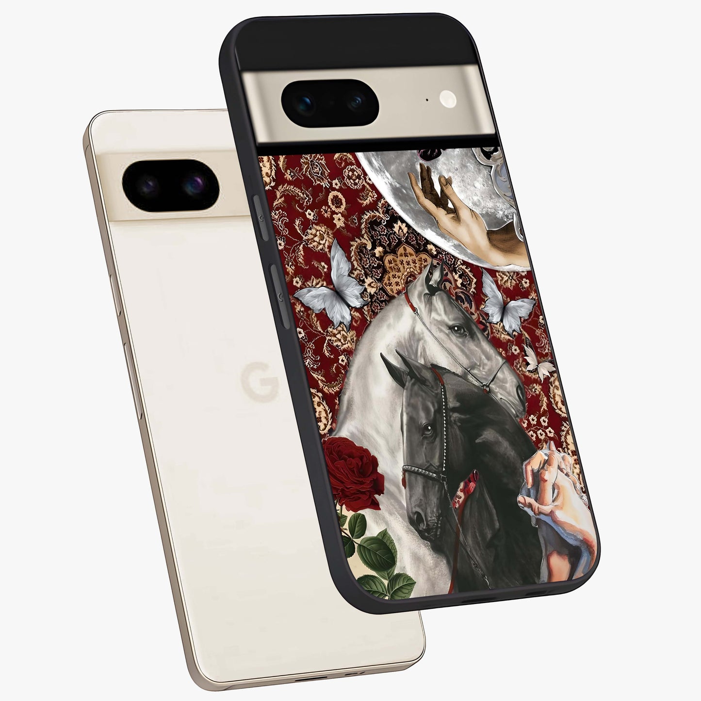Moonlit Royal Stallion Glass Case displayed in angled mockup highlighting powerful stallion illustration with royal night aesthetic.