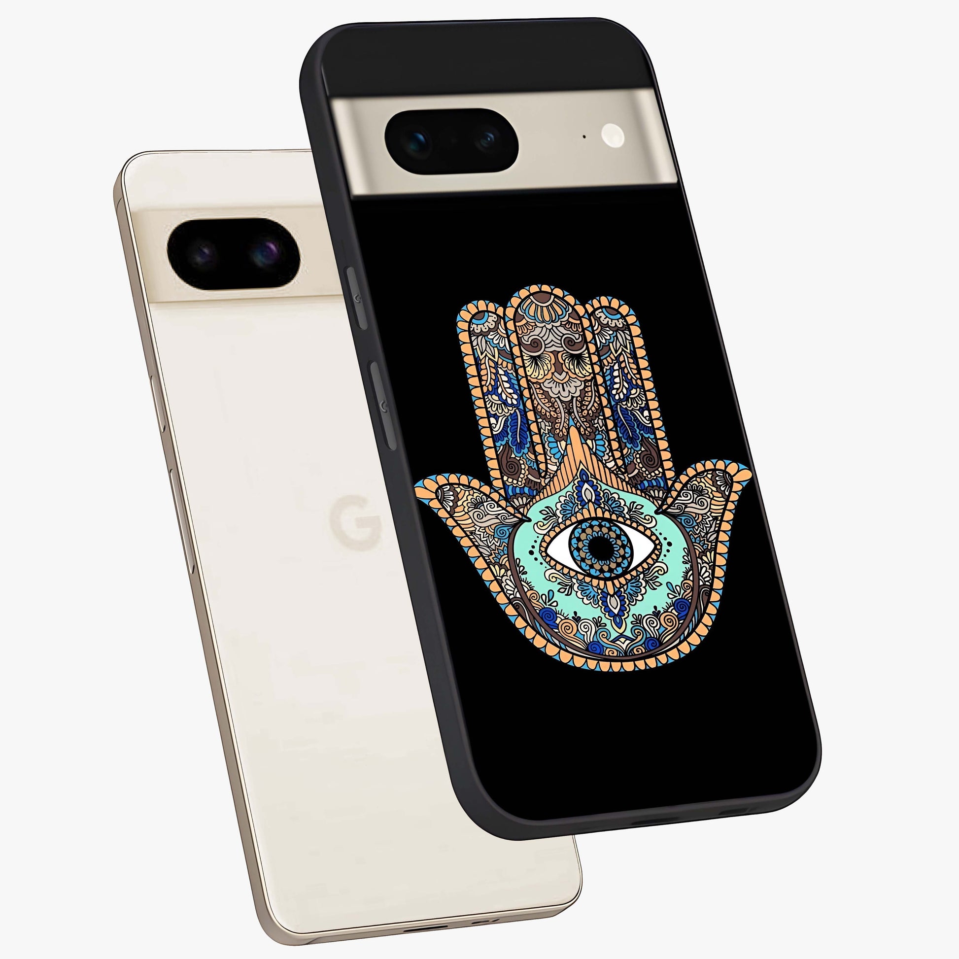 Mystic Hamsa Eye Glass Case displayed in angled mockup highlighting spiritual hamsa symbol with mystical aesthetic style.