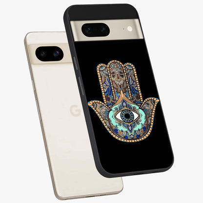 Mystic Hamsa Eye Glass Case displayed in angled mockup highlighting spiritual hamsa symbol with mystical aesthetic style.