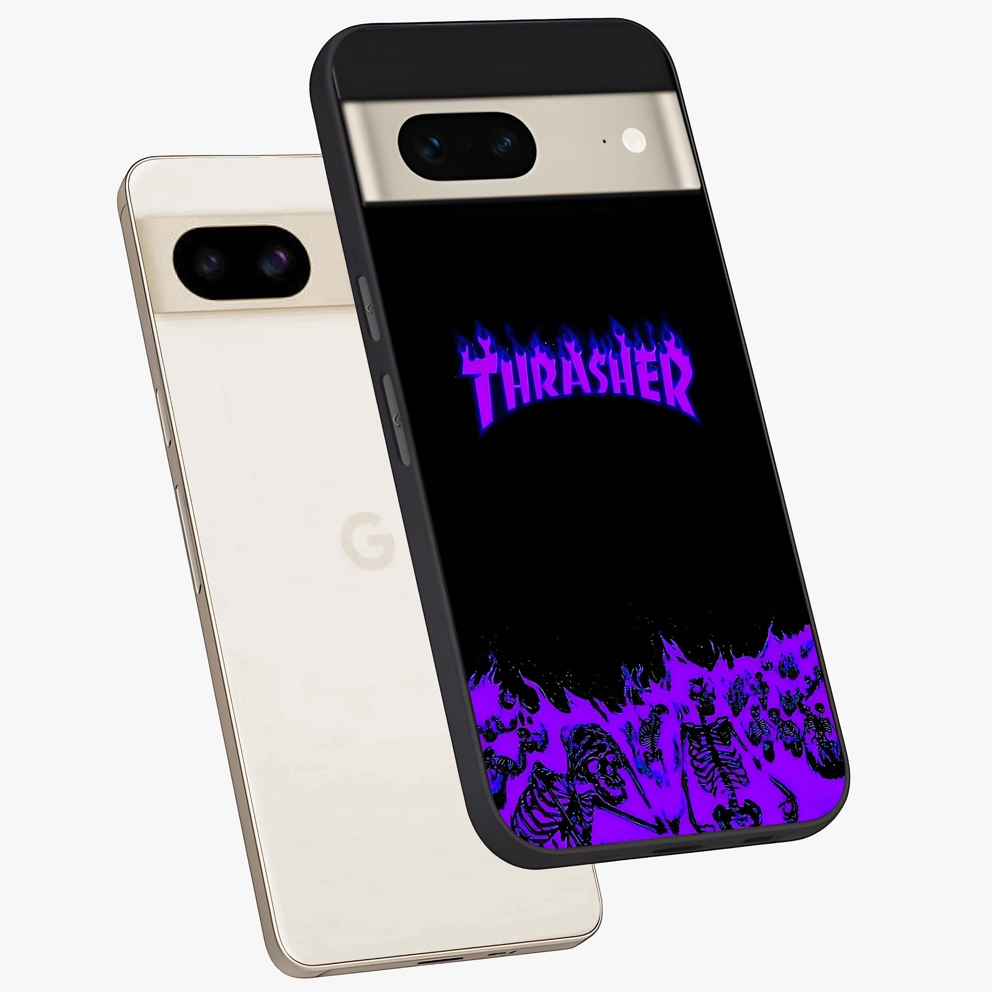 Neon Flame Riot Glass Case displayed in angled mockup highlighting glowing flame design with vibrant neon aesthetic.