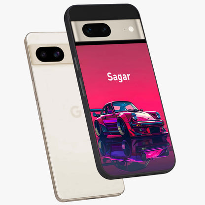 Neon Pink Porsche Glass Case displayed in angled mockup highlighting sleek neon pink car design with racing aesthetic.