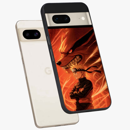 Nine Tails Legacy Glass Case displayed in angled mockup highlighting dynamic anime beast illustration with bold mystical aesthetic.