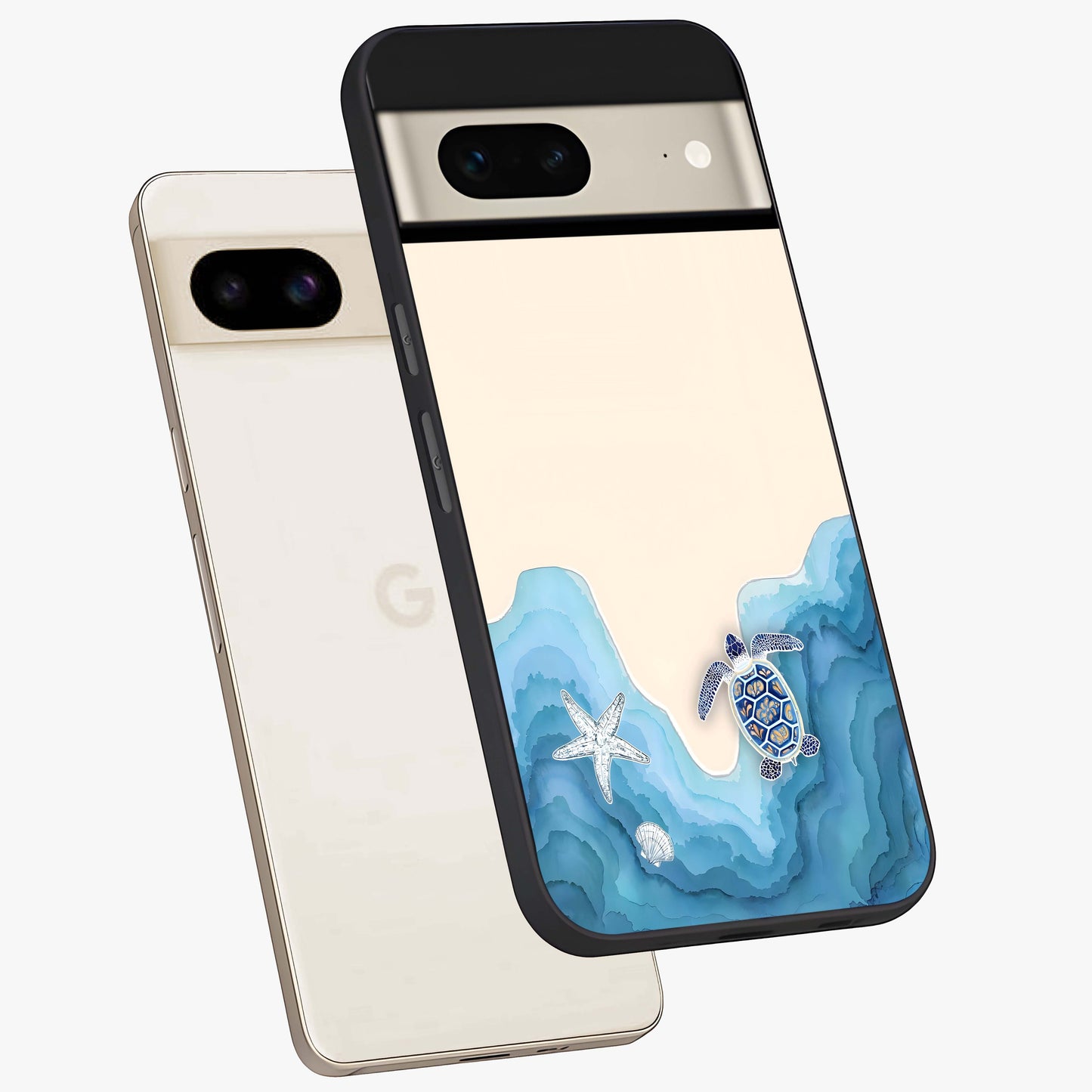 Ocean Drift Turtle Glass Case displayed in angled mockup highlighting peaceful ocean turtle illustration with marine aesthetic.