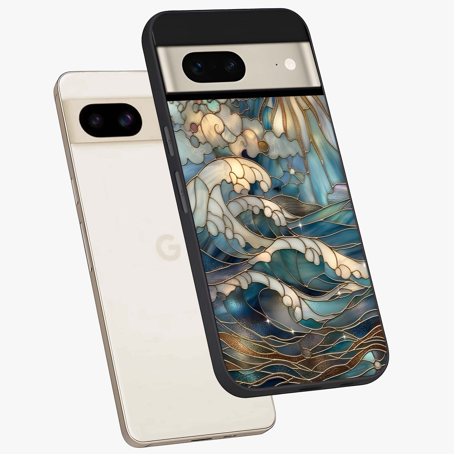 Oceanic Stained Printed Glass Case displayed in angled mockup highlighting colorful aquatic design with artistic aesthetic style.