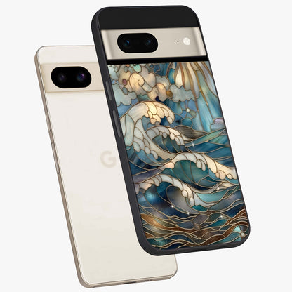 Oceanic Stained Printed Glass Case displayed in angled mockup highlighting colorful aquatic design with artistic aesthetic style.