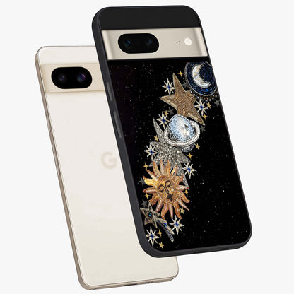 Pearls Universe Object Glass Case displayed in angled mockup highlighting celestial pearl design with dreamy aesthetic.