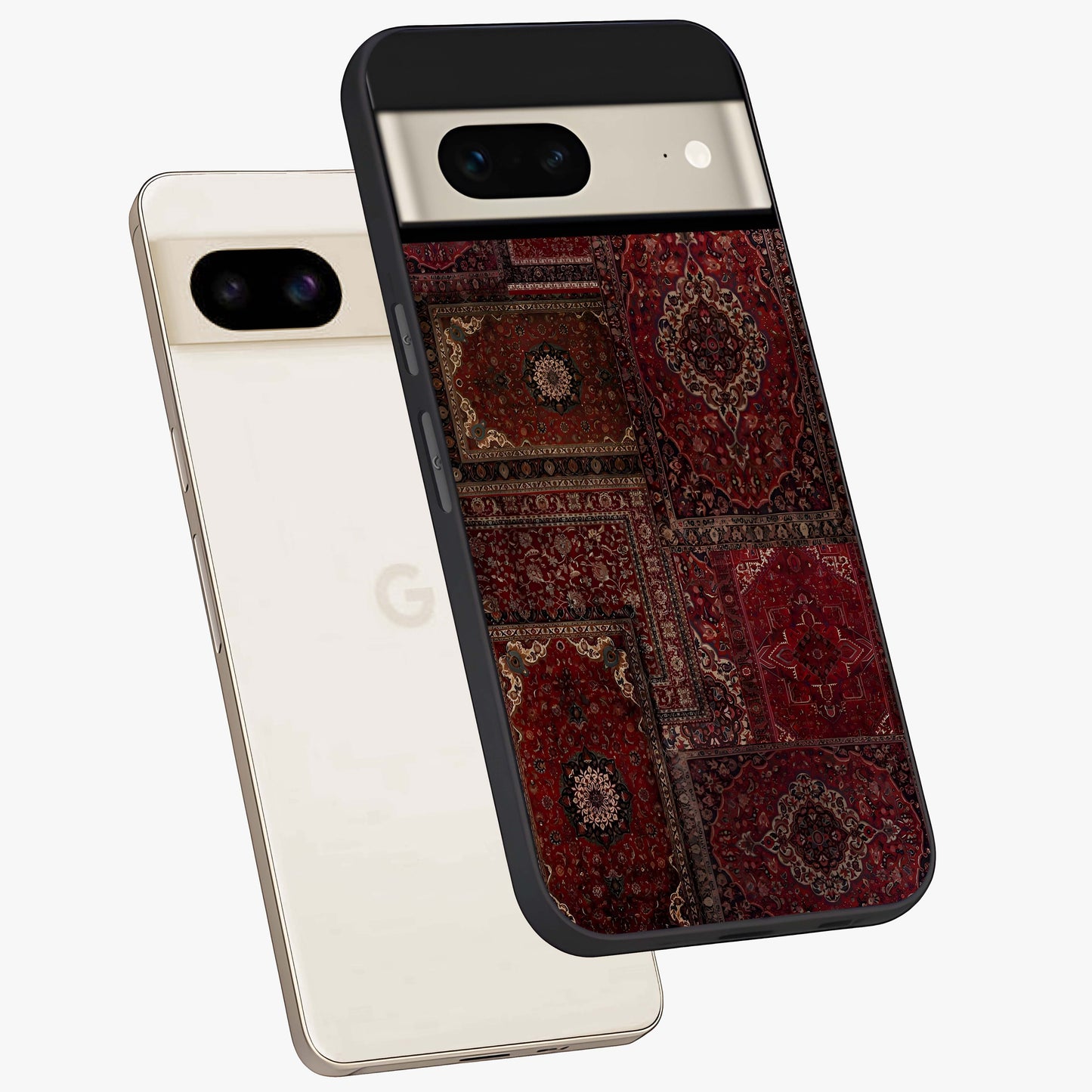 Persian Velvet Tale Glass Case displayed in angled mockup highlighting ornate textile inspired design with royal aesthetic.
