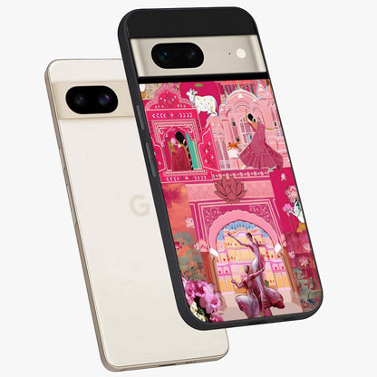 Pink Palace Muse Glass Case displayed in angled mockup highlighting dreamy palace illustration with soft pink aesthetic.