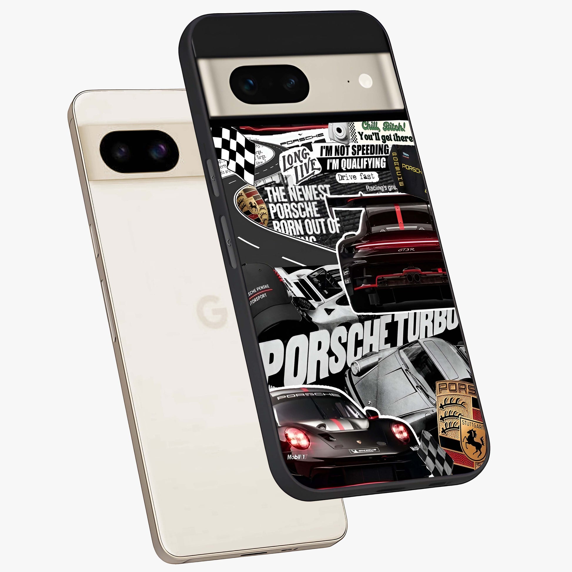 Porsche Racing Collage Glass Case displayed in angled mockup highlighting dynamic automotive design with bold racing aesthetic.