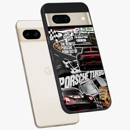 Porsche Racing Collage Glass Case displayed in angled mockup highlighting dynamic automotive design with bold racing aesthetic.