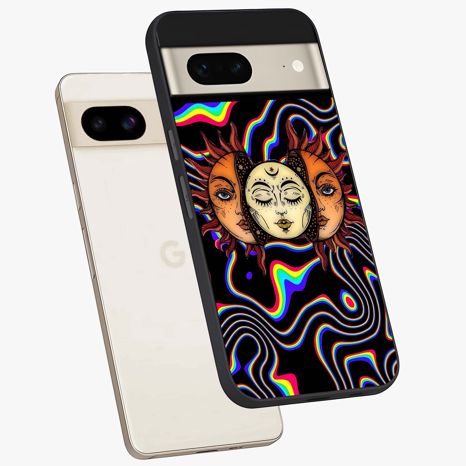 Psychedelic Sun Glass Case displayed in angled mockup highlighting vibrant abstract sun design with artistic aesthetic style.
