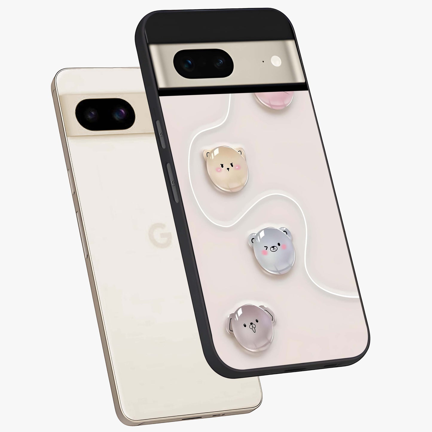 Puffy Face Parade Glass Case displayed in angled mockup highlighting playful cartoon face design with fun aesthetic.
