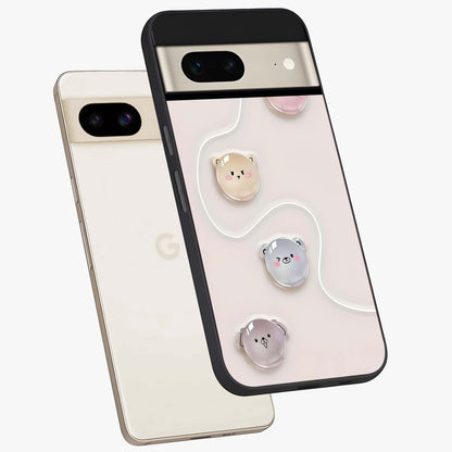 Puffy Face Parade Glass Case displayed in angled mockup highlighting playful cartoon face design with fun aesthetic.