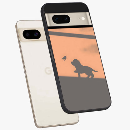 Puppy Shadow Art Glass Case displayed in angled mockup highlighting playful dog illustration with artistic shadow aesthetic.