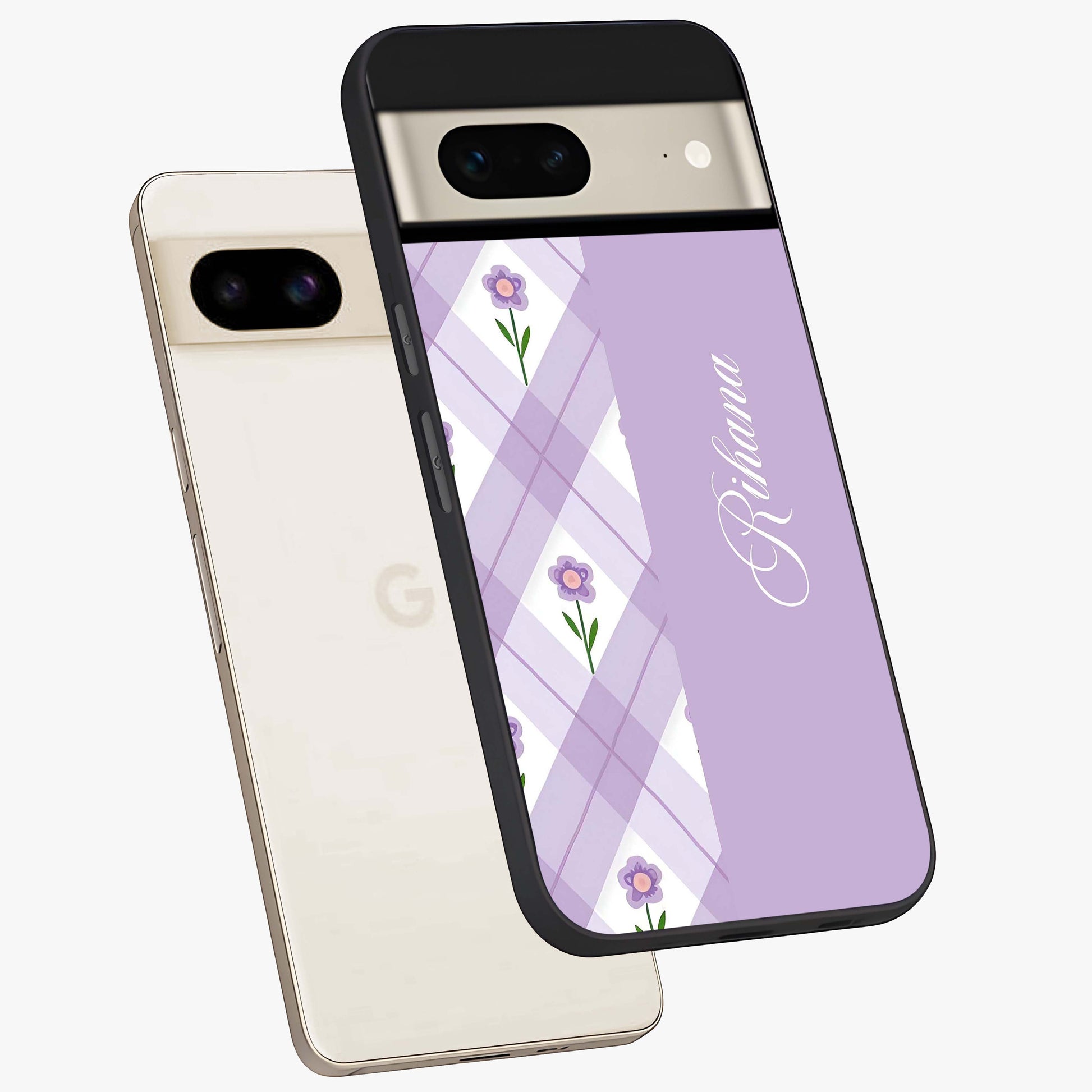 Purple Diamond Floral Glass Case displayed in angled mockup highlighting elegant purple flower design with decorative pattern.
