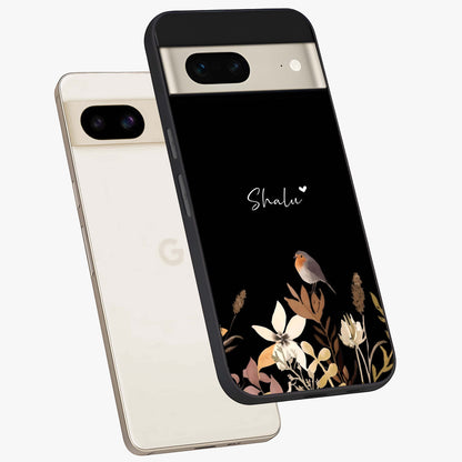 Quiet Garden Tune Custom Name Glass Case displayed in angled mockup highlighting delicate floral garden design with custom name feature.