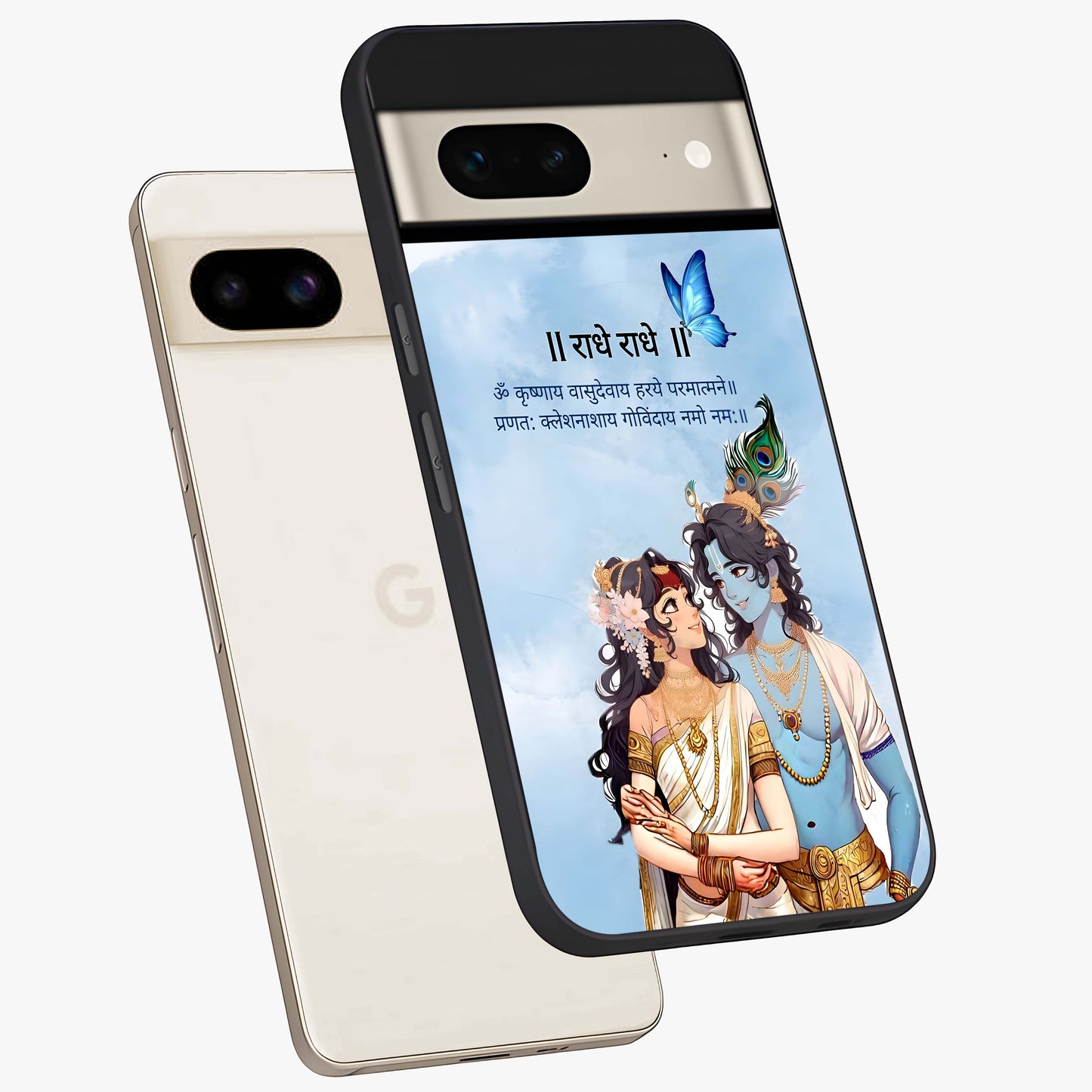 Radha Krishna Eternal Glass Case displayed in angled mockup highlighting divine Radha Krishna illustration with spiritual aesthetic.