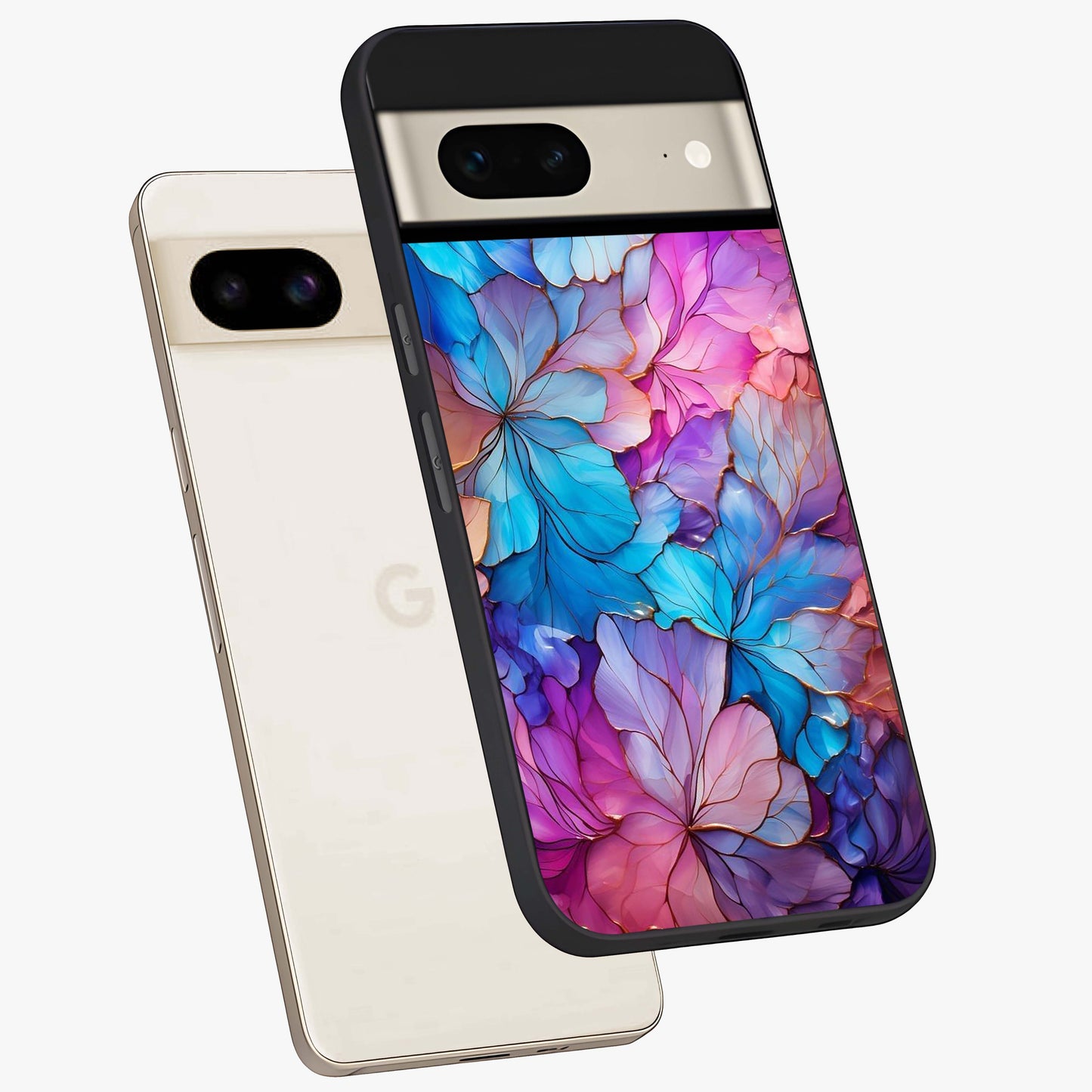Radiant Floral Whirl Glass Case displayed in angled mockup highlighting vibrant flower pattern with dynamic artistic aesthetic.