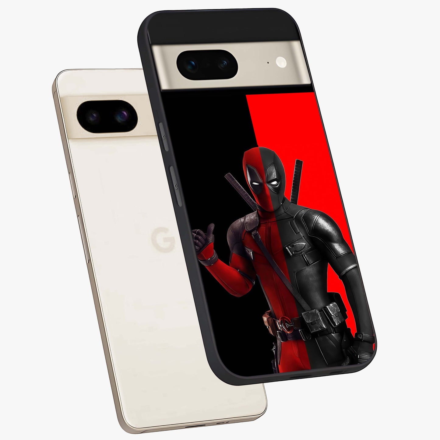 Red & Black Deadpool Theme Glass Case displayed in angled mockup highlighting vibrant superhero style illustration with action aesthetic.