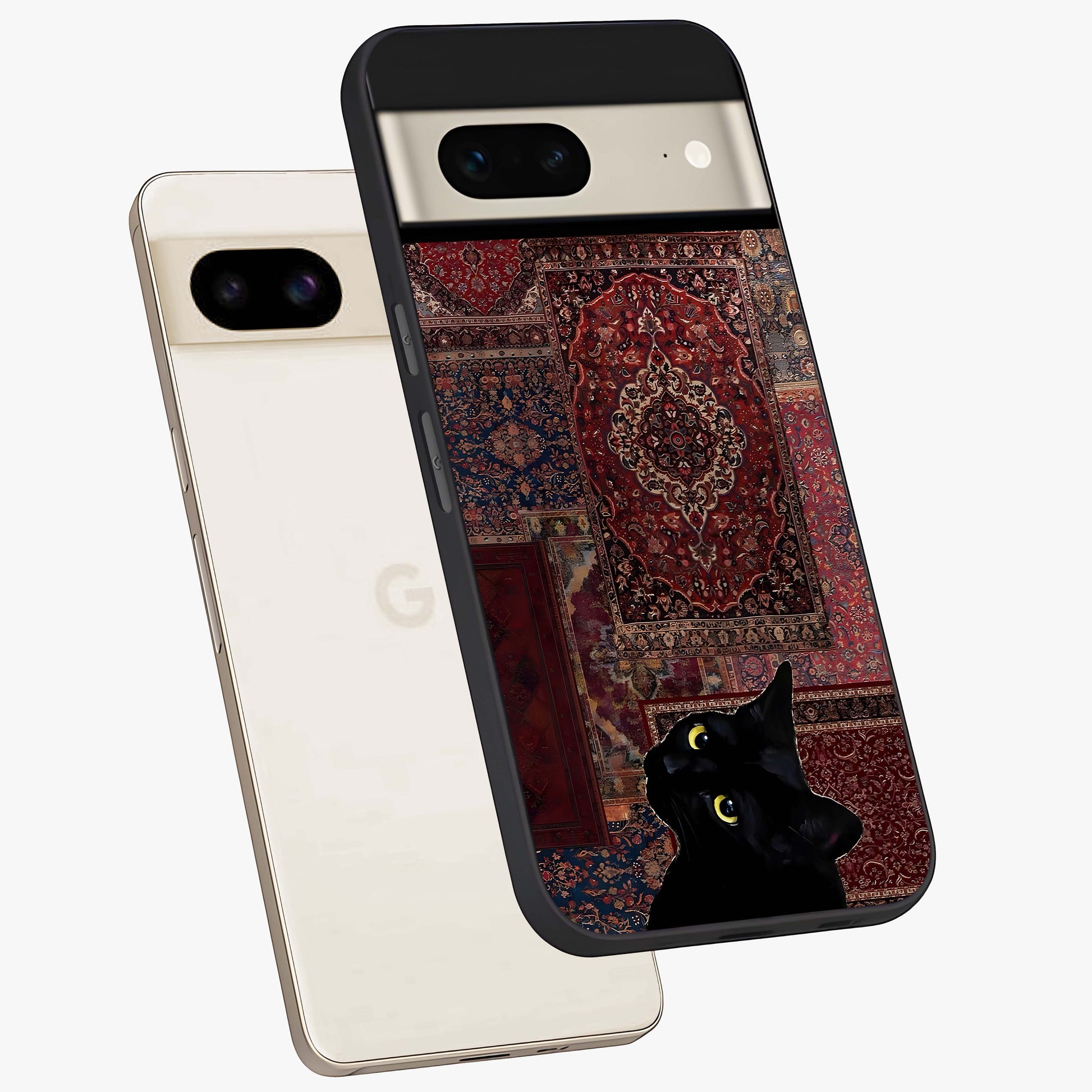 Regal Magic Cat Apple Glass Case displayed in angled mockup highlighting whimsical feline design with fantasy aesthetic.