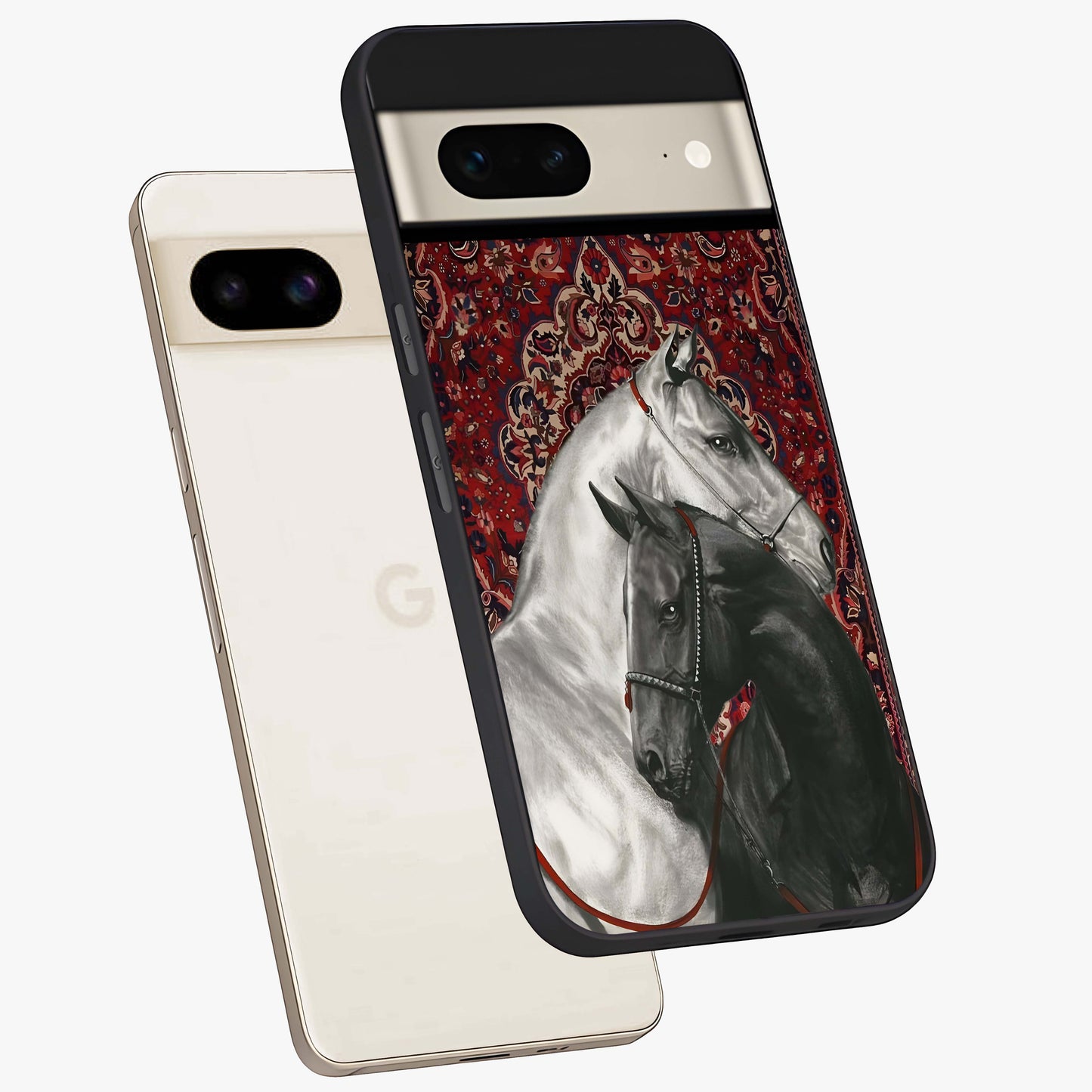 Regal Stallion Tapestry Glass Case displayed in angled mockup highlighting royal stallion design with decorative heritage aesthetic.