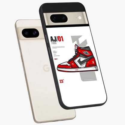 Retro Sneaker Blueprint Glass Case displayed in angled mockup highlighting detailed shoe design with sporty retro aesthetic.