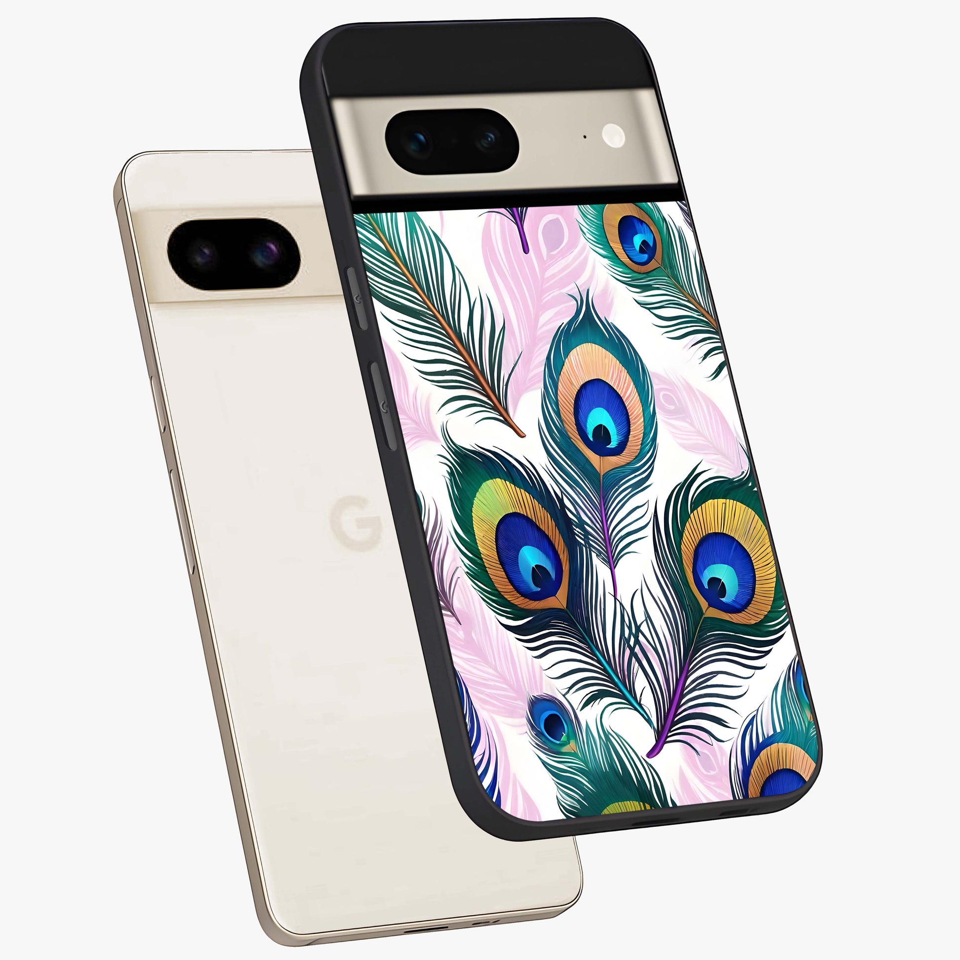 Royal Peacock Feathers Glass Case displayed in angled mockup highlighting vibrant feather pattern with regal aesthetic style.