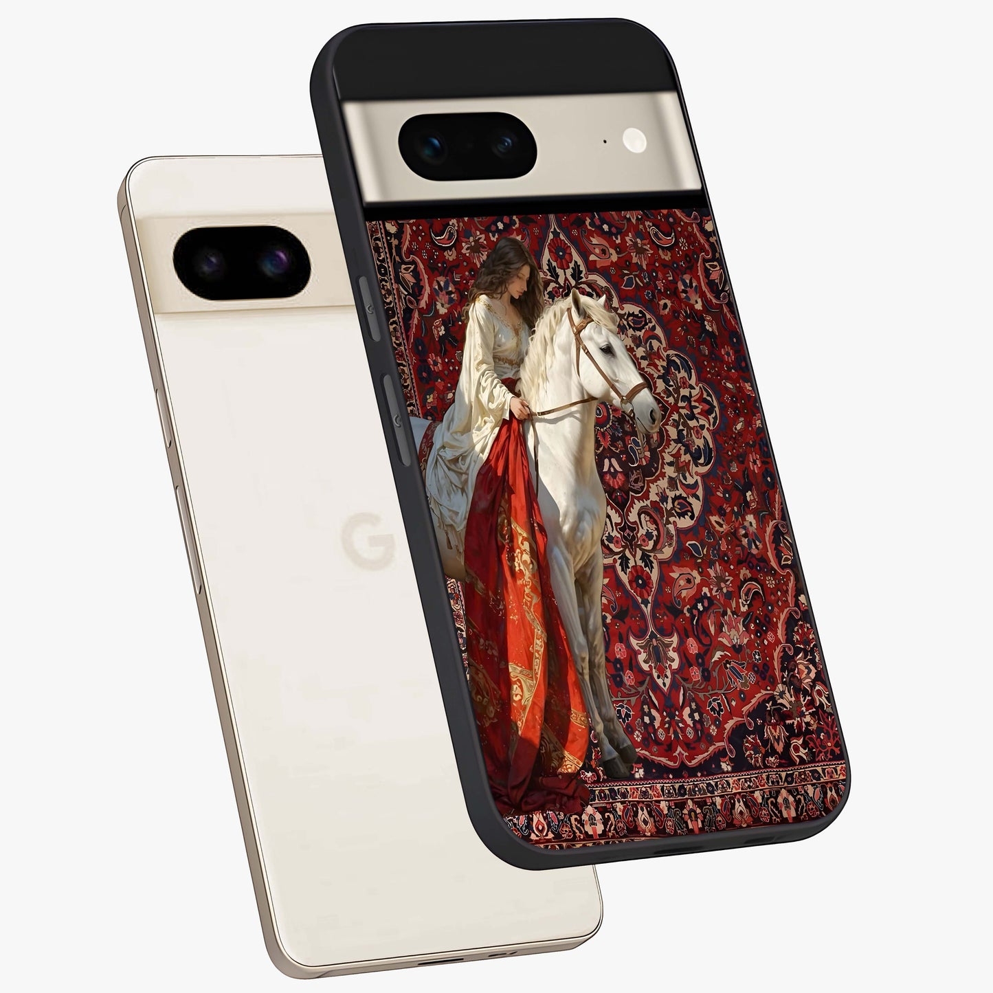 Royal Rider Tapestry Glass Case displayed in angled mockup highlighting traditional tapestry design with royal heritage aesthetic.