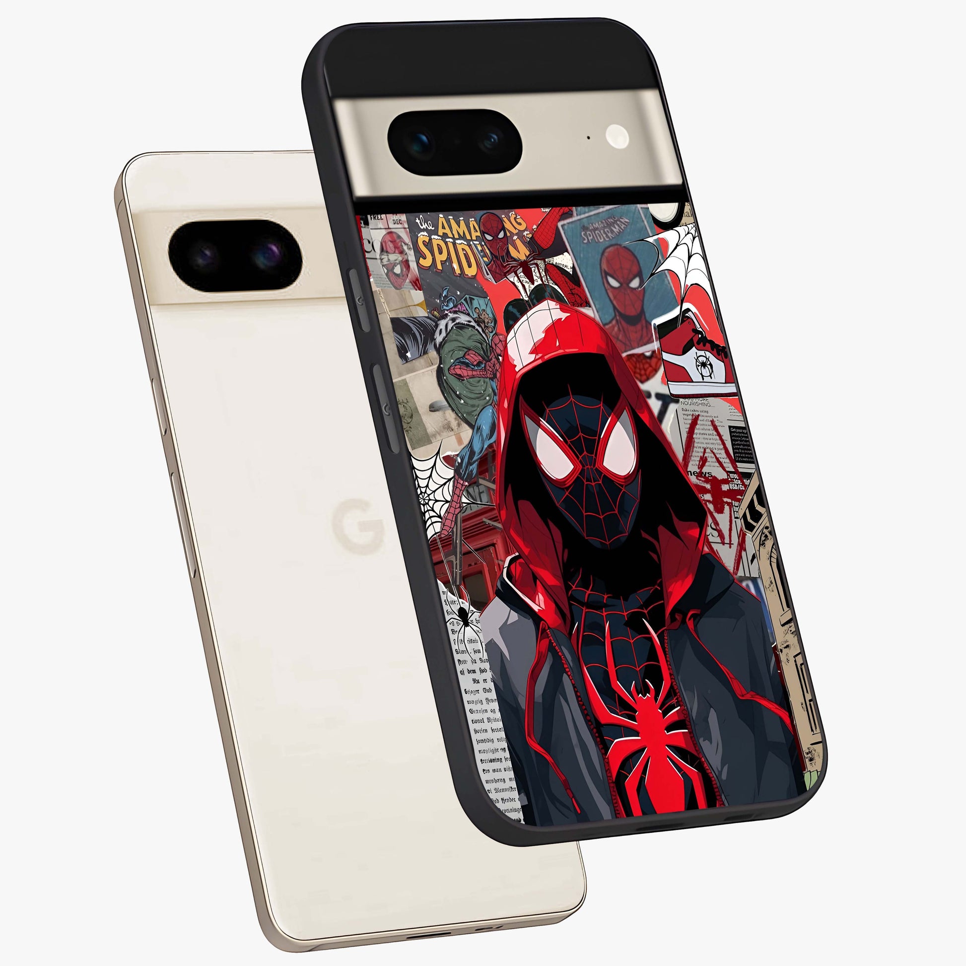 Spider Collage Street Glass Case displayed in angled mockup highlighting dynamic street style collage design with comic aesthetic.