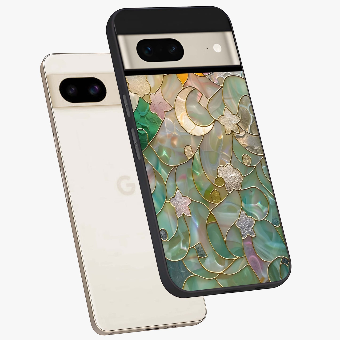 Stained Sunrise Glow Glass Case displayed in angled mockup highlighting radiant sunrise design with artistic aesthetic style.
