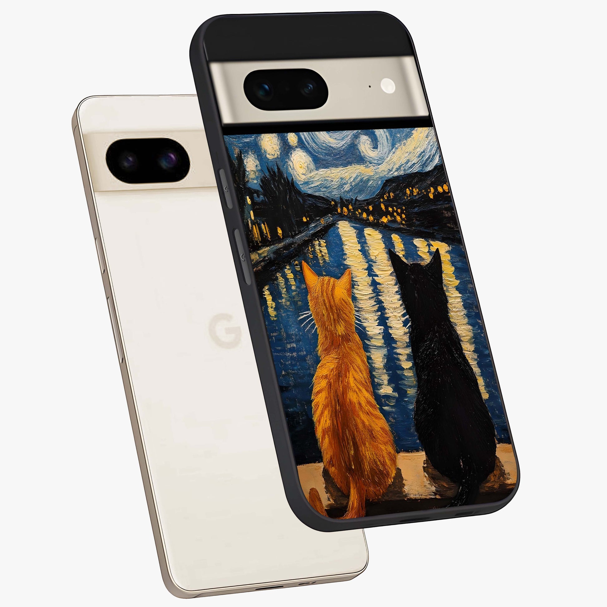 Starry River Cats Glass Case displayed in angled mockup highlighting charming feline illustration with dreamy night aesthetic.