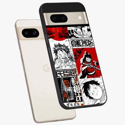 Strawhat Chaos Panels Glass Case displayed in angled mockup highlighting vibrant anime collage design with action aesthetic.