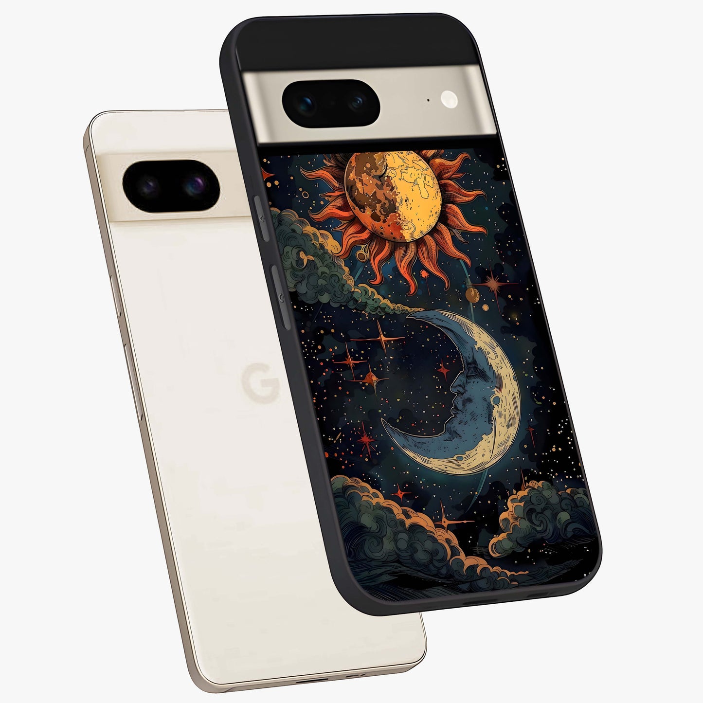 Sun And Moon Magic Design Glass Case displayed in angled mockup highlighting celestial design with magical cosmic aesthetic.
