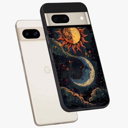 Sun And Moon Magic Design Glass Case displayed in angled mockup highlighting celestial design with magical cosmic aesthetic.