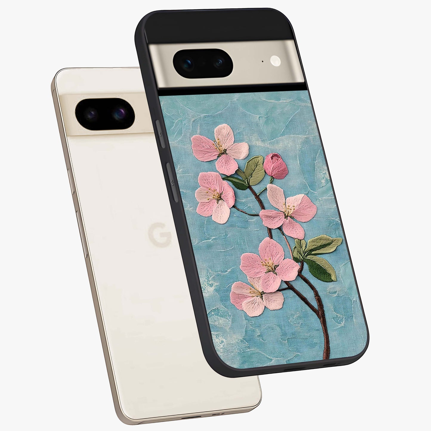 Threaded Blossom Breeze Glass Case displayed in angled mockup highlighting elegant floral design with soft aesthetic style.