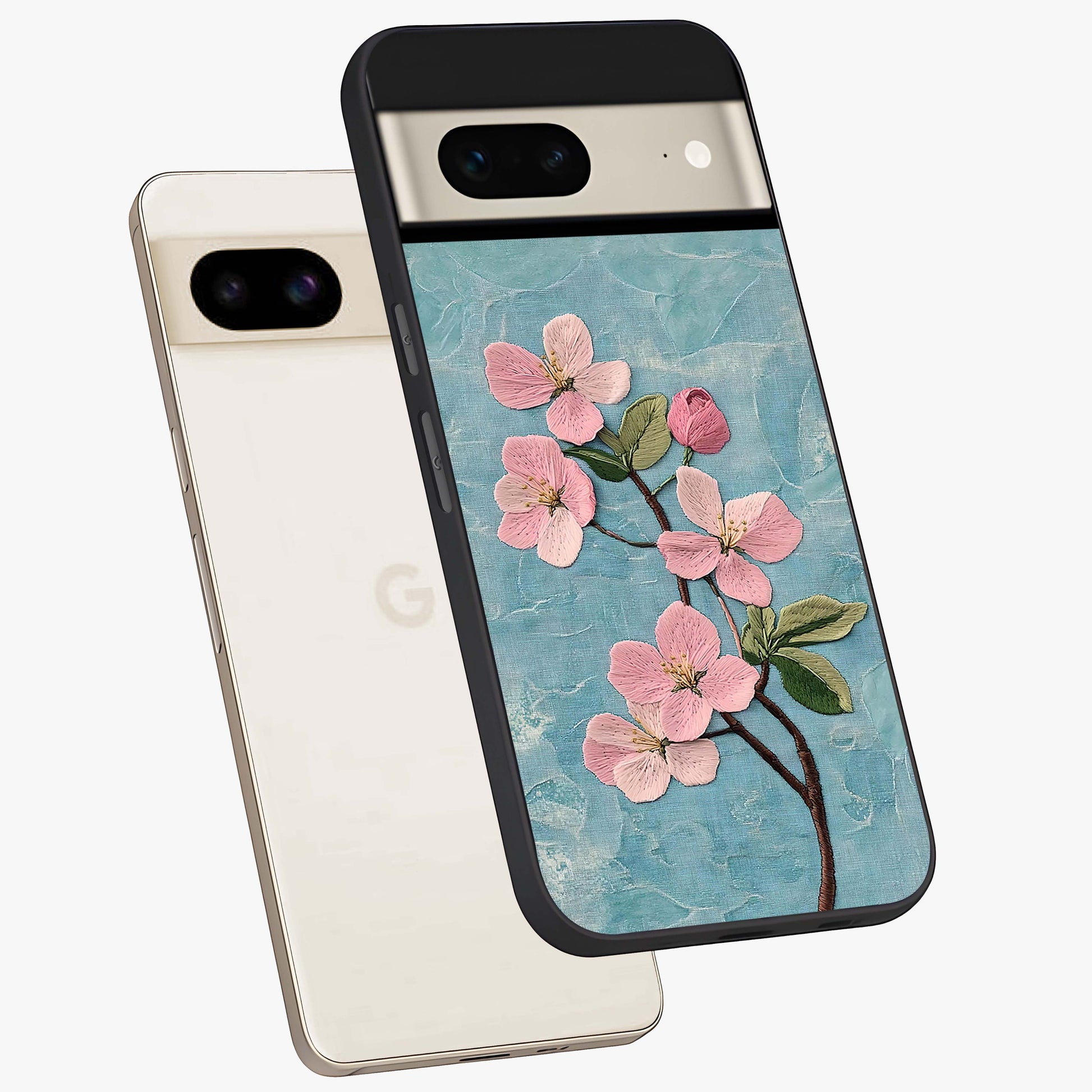 Threaded Blossom Breeze Glass Case displayed in angled mockup highlighting elegant floral design with soft aesthetic style.