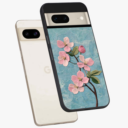 Threaded Blossom Breeze Glass Case displayed in angled mockup highlighting elegant floral design with soft aesthetic style.