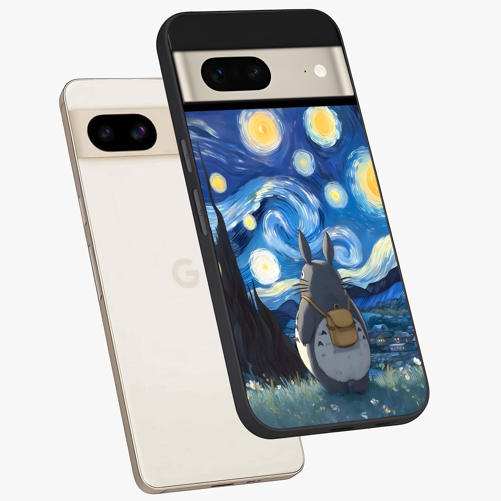 Totoro In Van Gogh Art Glass Case displayed in angled mockup highlighting artistic swirling sky design with playful animation aesthetic.