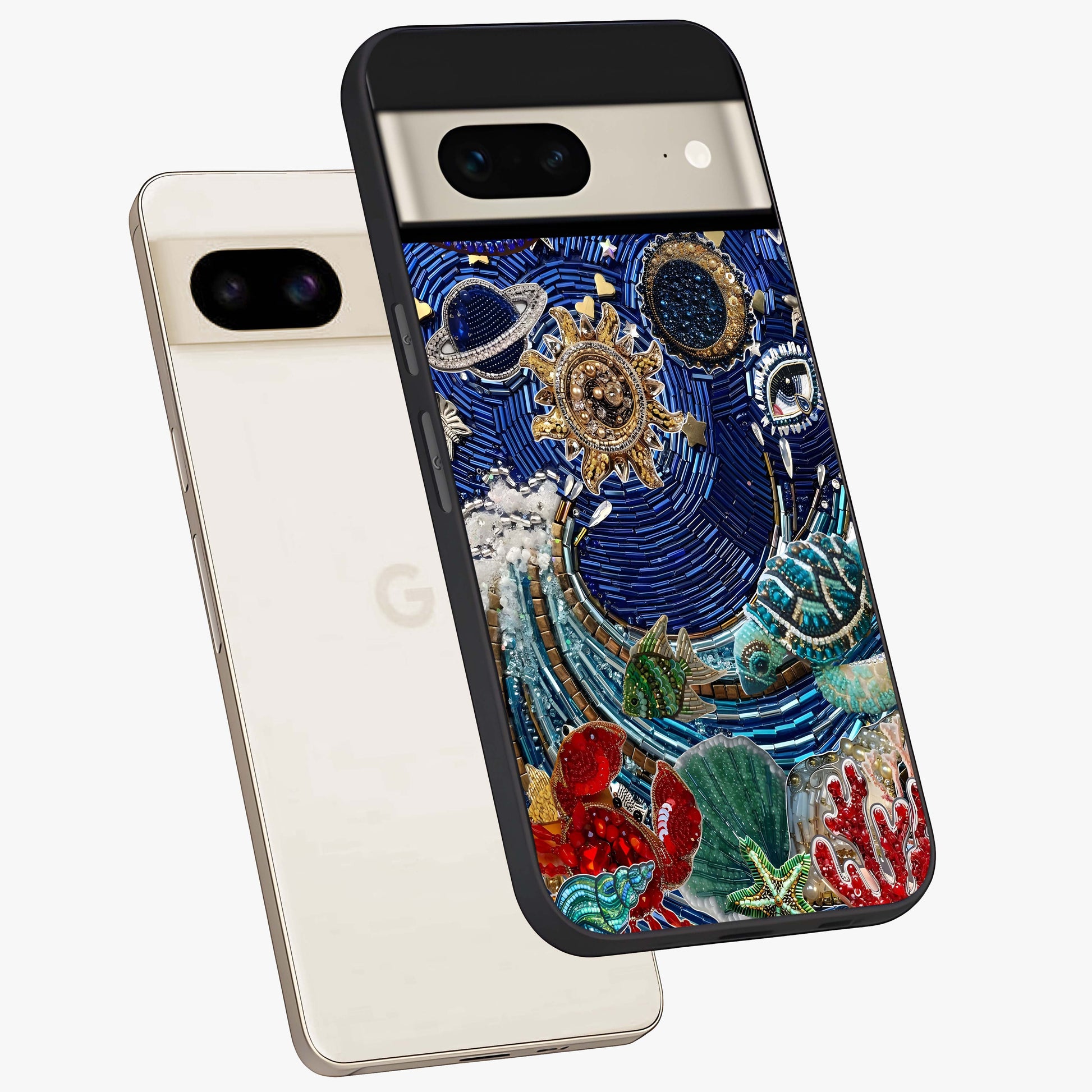 Universe Underwater Spark Glass Case displayed in angled mockup highlighting glowing aquatic design with celestial aesthetic.