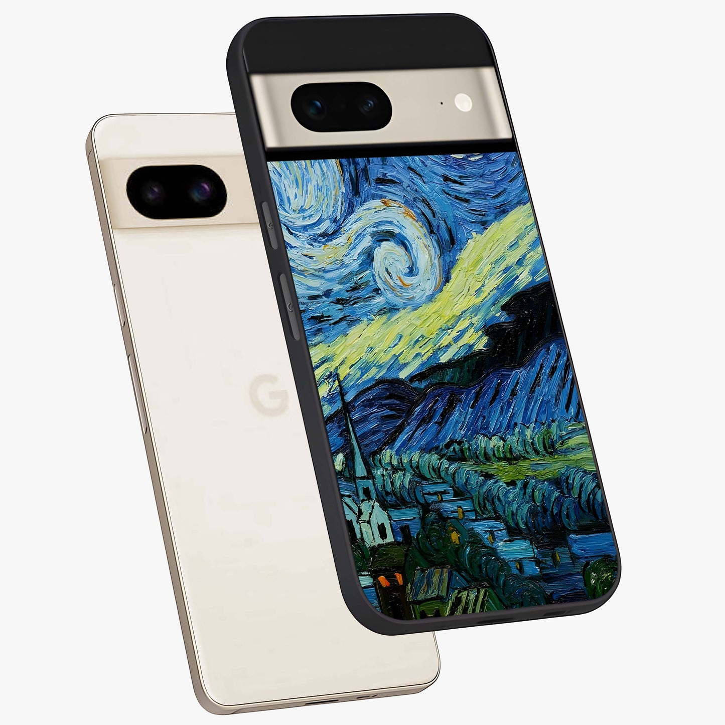 Van Gogh Art Glass Case displayed in angled mockup highlighting swirling brushstroke design with artistic aesthetic.