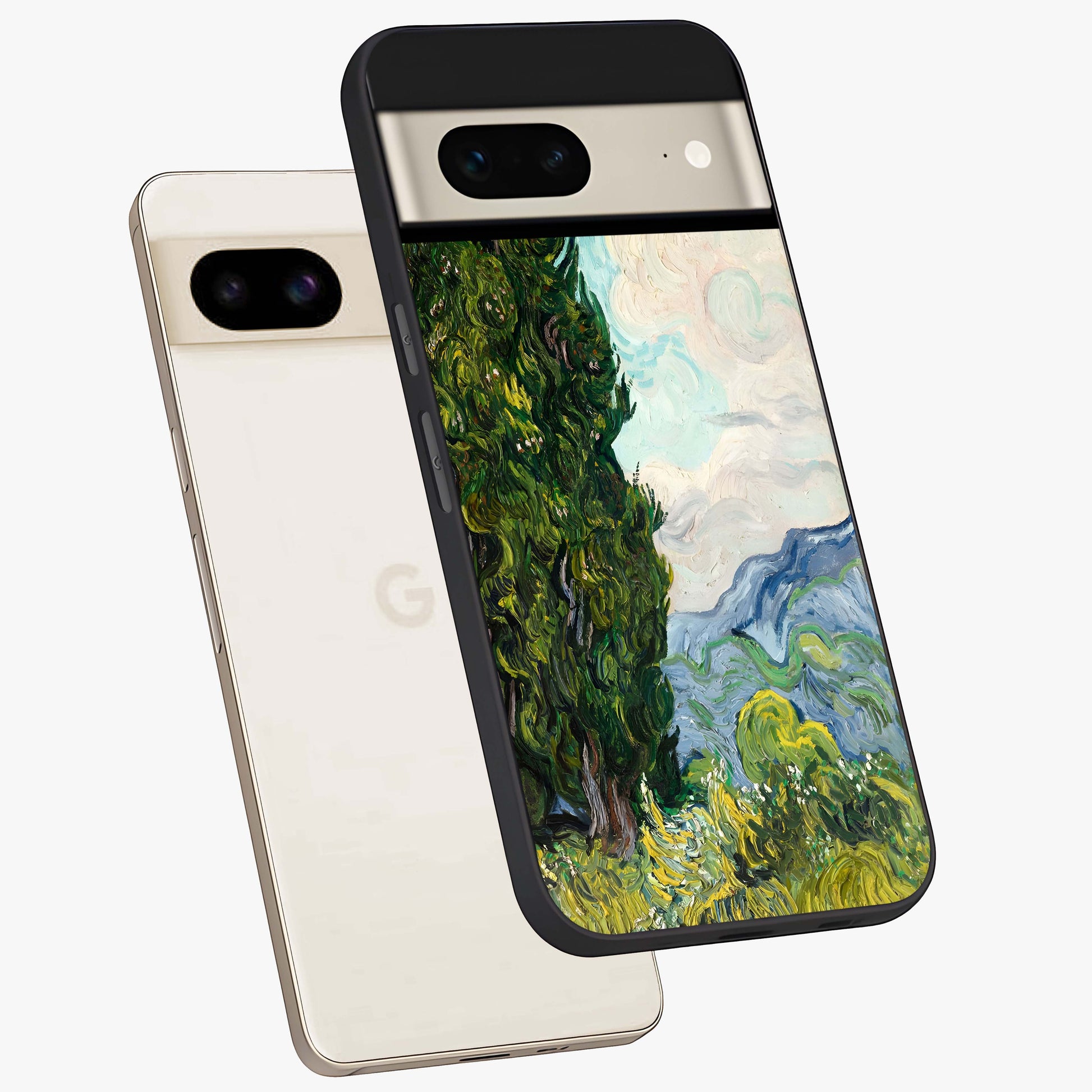 Van Gogh Vintage Art Glass Case displayed in angled mockup highlighting textured brushstroke design with classic aesthetic.