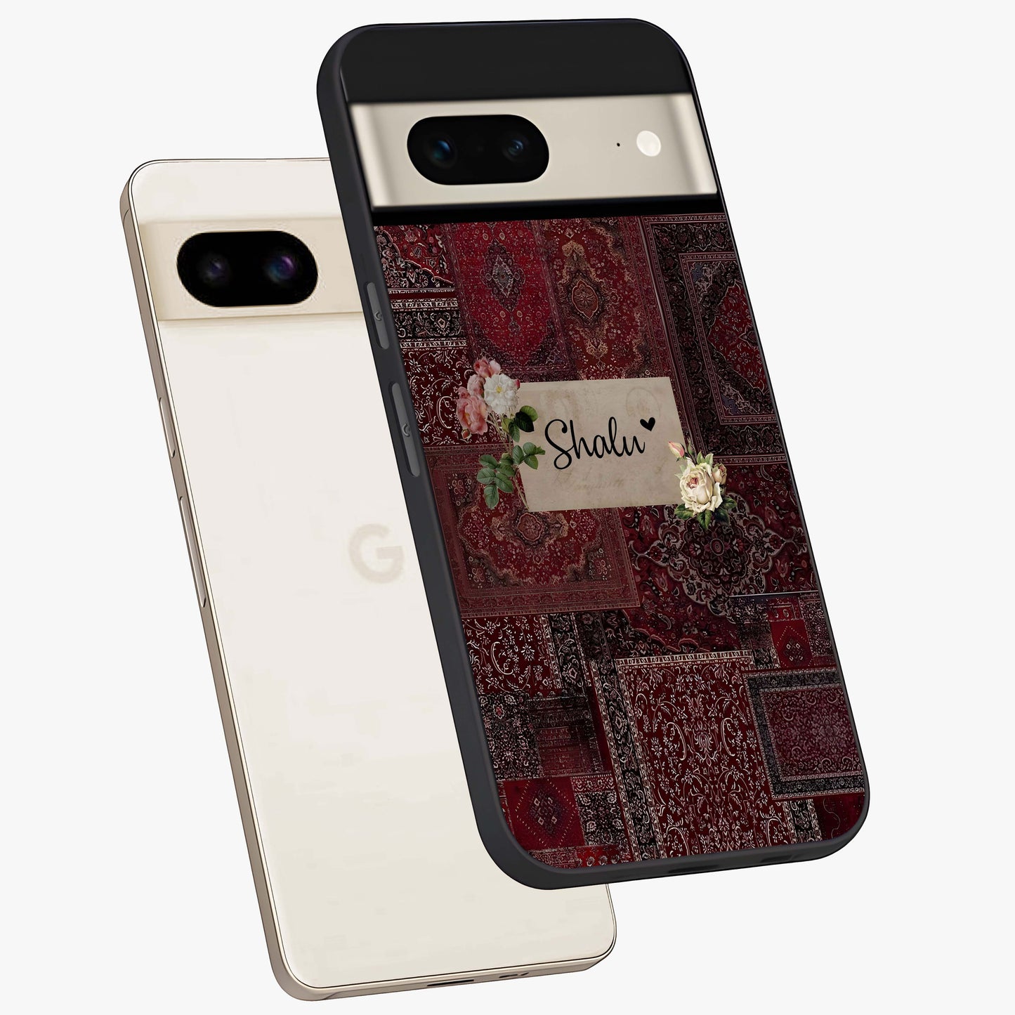 Velvet Wine Pattern Custom Name Glass Case displayed in angled mockup highlighting decorative velvet inspired design with custom name feature.