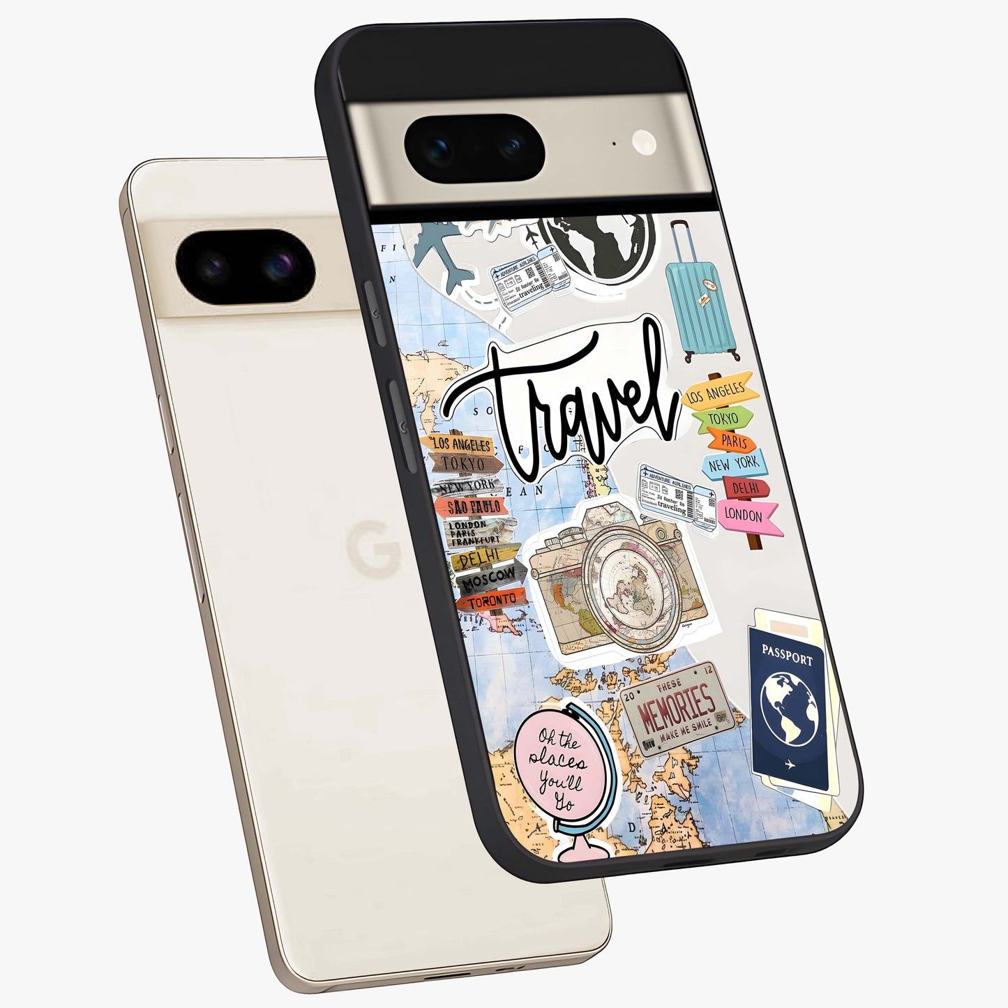 Wanderlust Journal Glass Case displayed in angled mockup highlighting adventure themed design with aesthetic travel vibe.