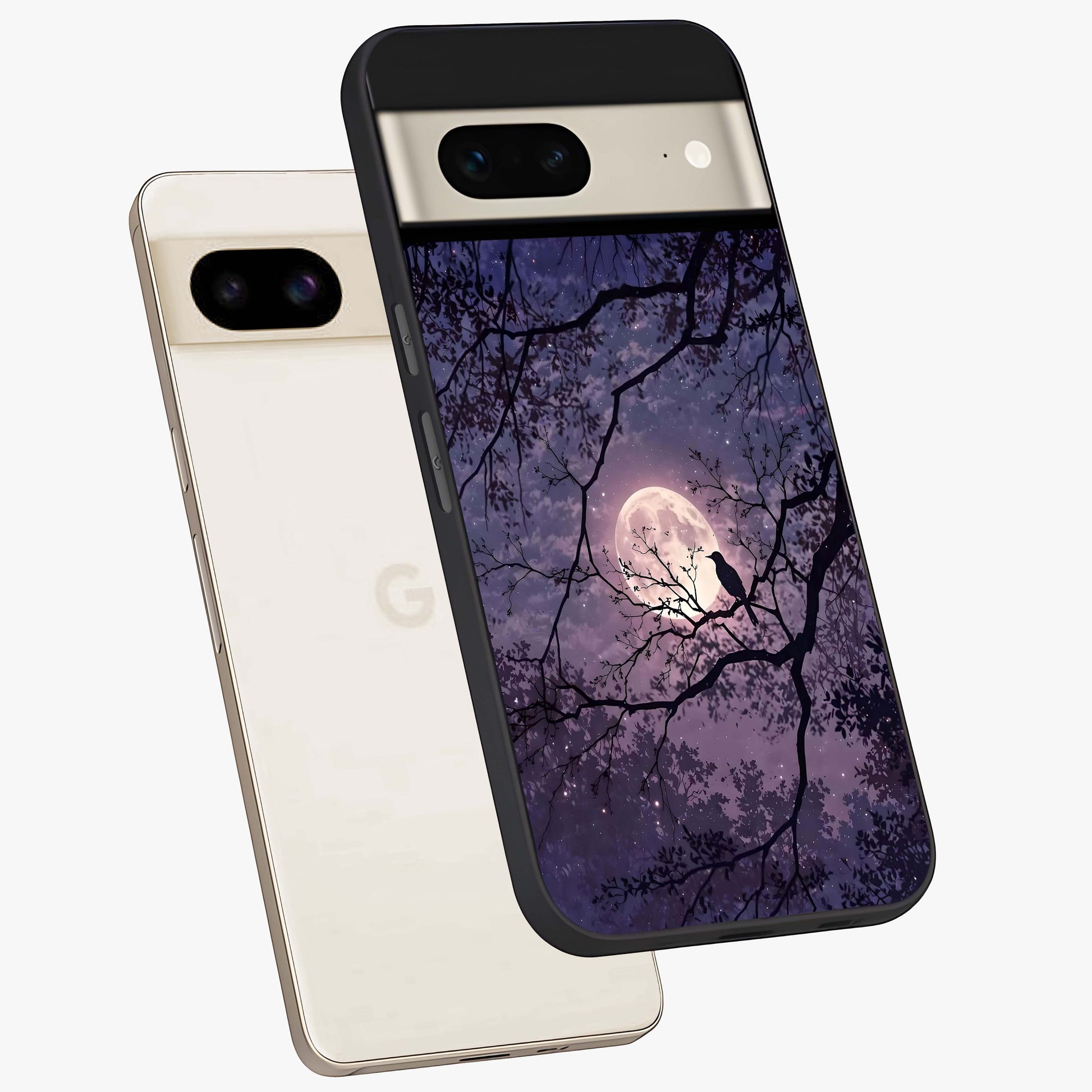 Whispering Moon Silence Glass Case displayed in angled mockup highlighting calm lunar design with dreamy night aesthetic.