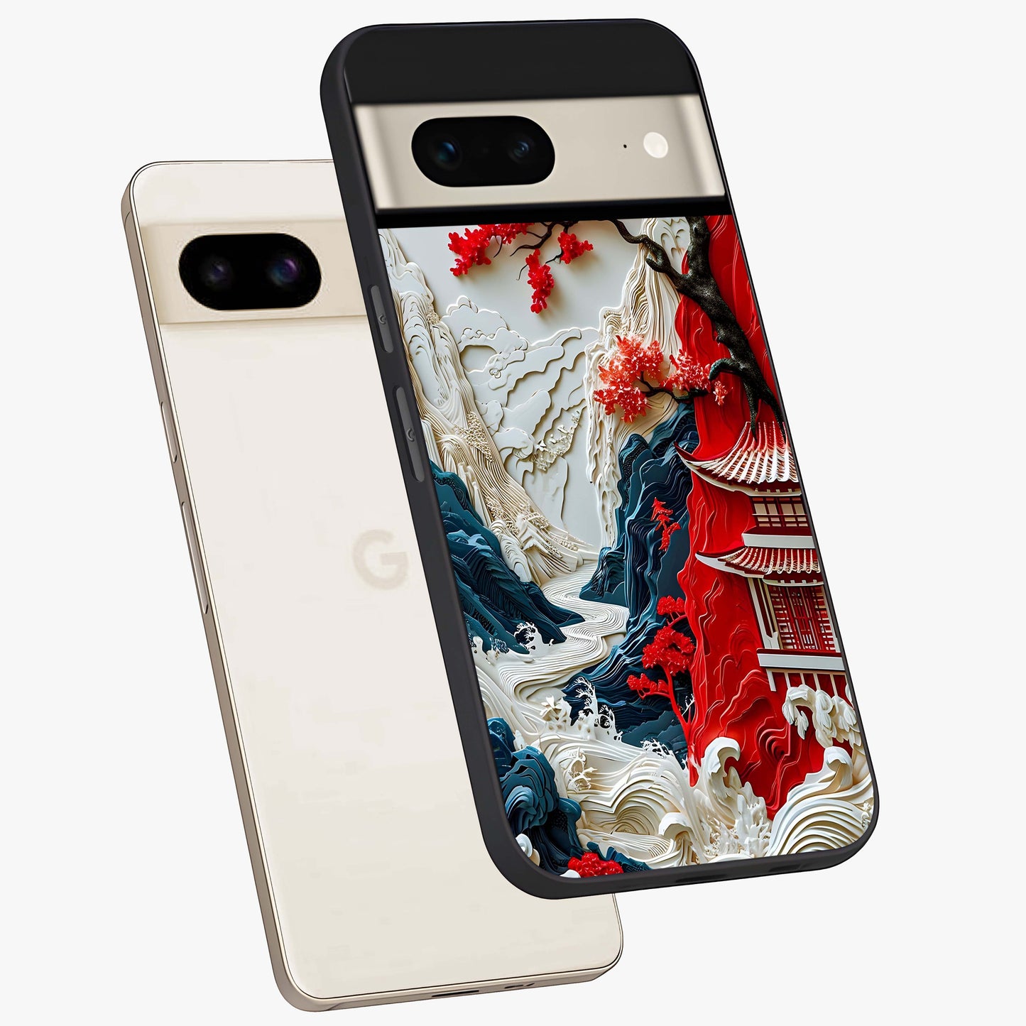 Whispers Of Sakura Waves Glass Case displayed in angled mockup highlighting flowing sakura design with soft floral aesthetic.