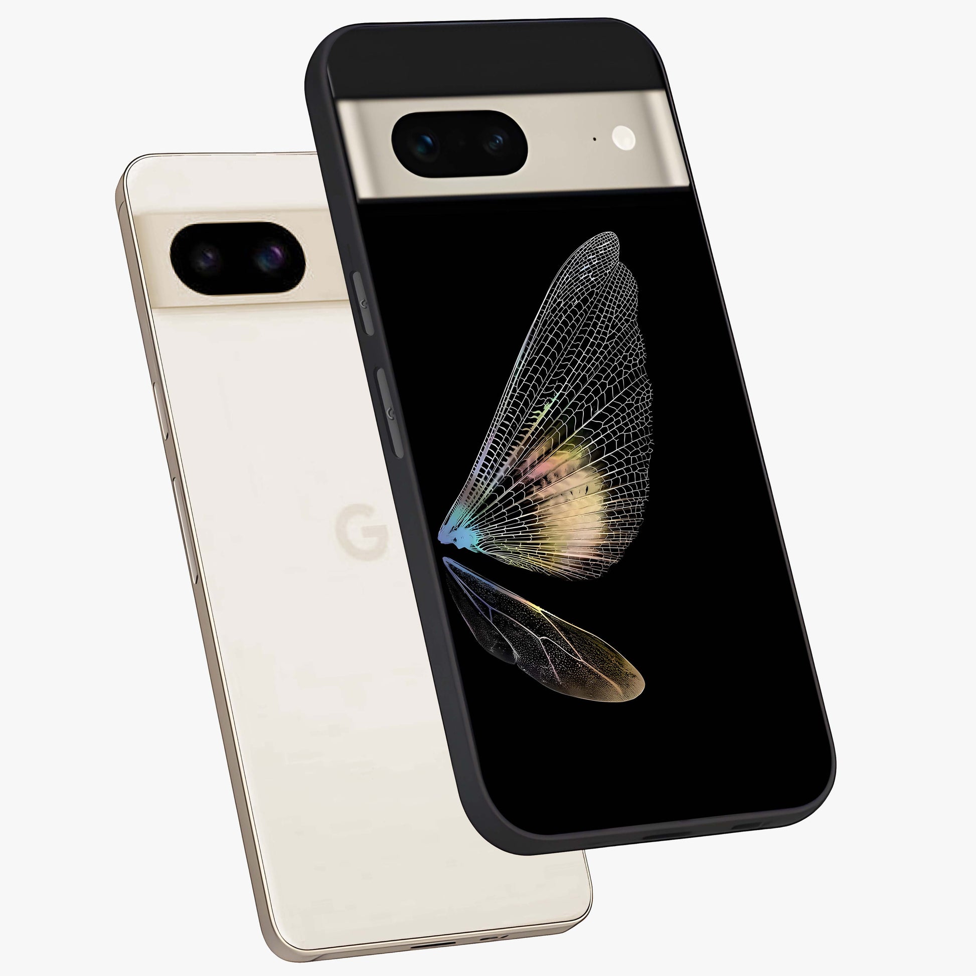 Whispers Of Wings Glass Case displayed in angled mockup highlighting soft feather design with celestial aesthetic style.